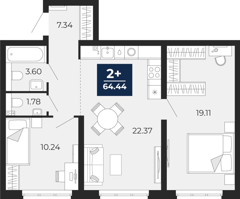Планировка 2-комн. квартира, 64.4 м² — ЖК «Беринг»