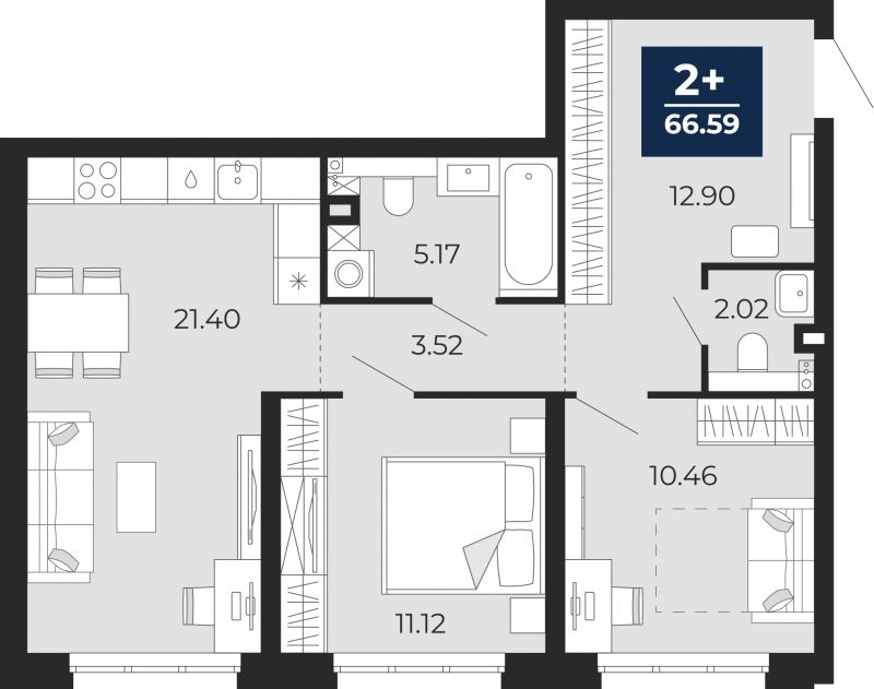 Планировка 2-комн. квартира, 66.6 м² — ЖК «Беринг»
