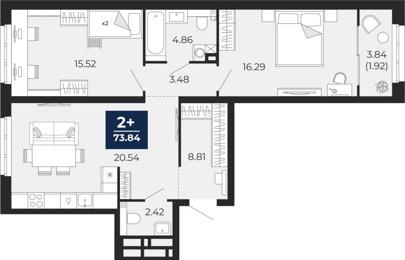 Планировка 2-комн. квартира, 73.8 м² — ЖК «Беринг»