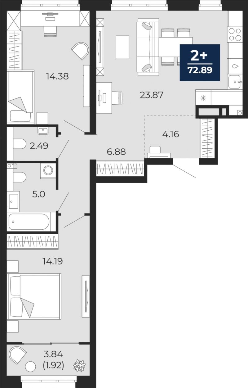 Планировка 2-комн. квартира, 72.9 м² — ЖК «Беринг»