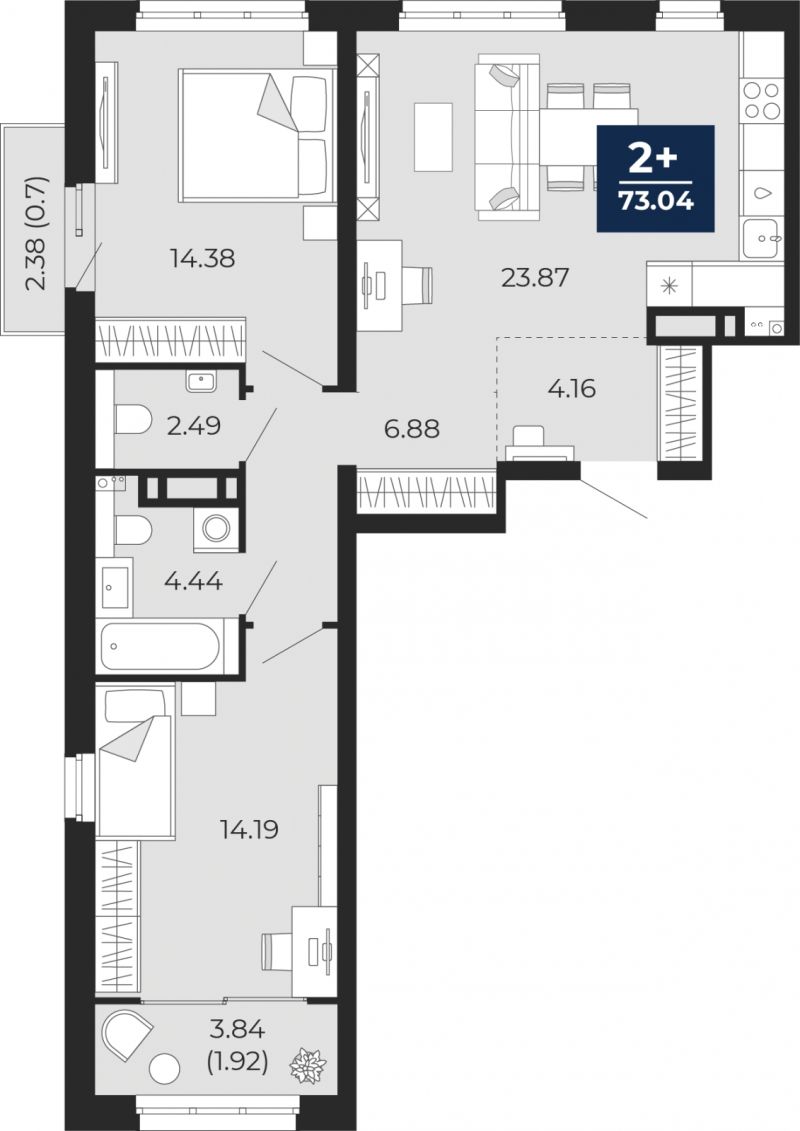 Планировка 2-комн. квартира, 73 м² — ЖК «Беринг»
