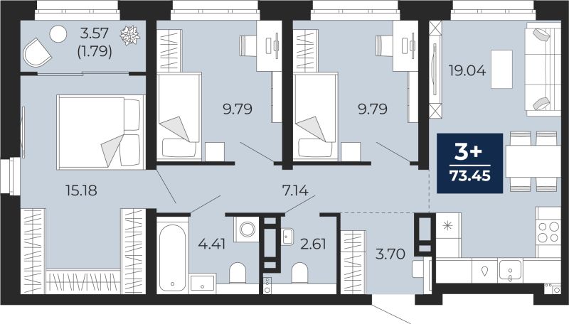 Планировка 3-комн. квартира, 73.5 м² — ЖК «Беринг»