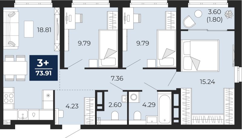 Планировка 3-комн. квартира, 73.9 м² — ЖК «Беринг»