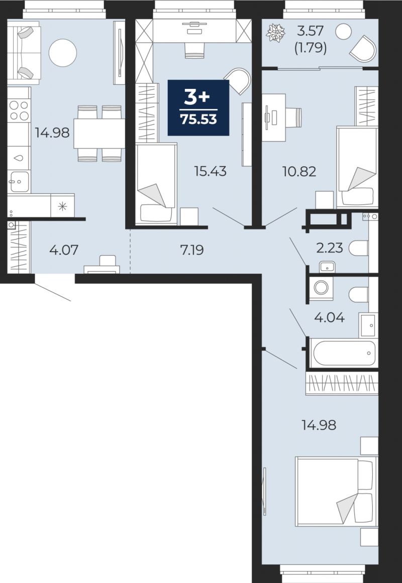 Планировка 3-комн. квартира, 75.5 м² — ЖК «Беринг»