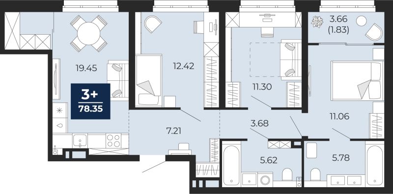 Планировка 3-комн. квартира, 78.3 м² — ЖК «Беринг»