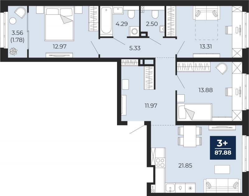 Планировка 3-комн. квартира, 87.9 м² — ЖК «Беринг»