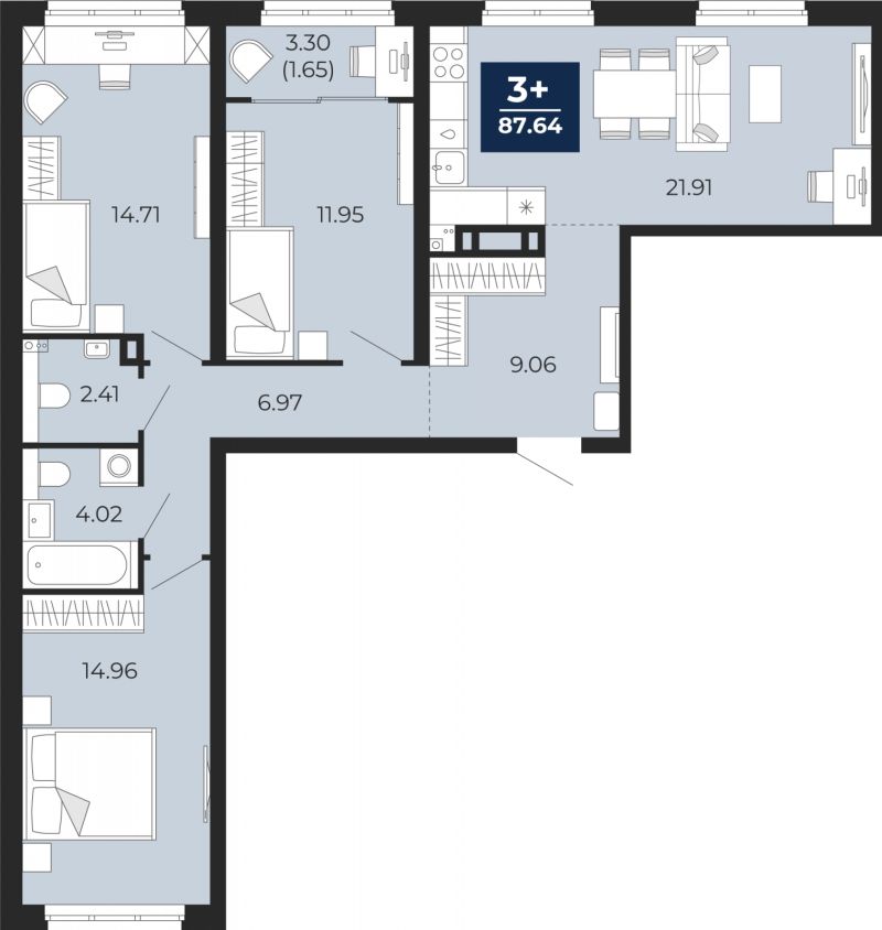 Планировка 3-комн. квартира, 87.6 м² — ЖК «Беринг»
