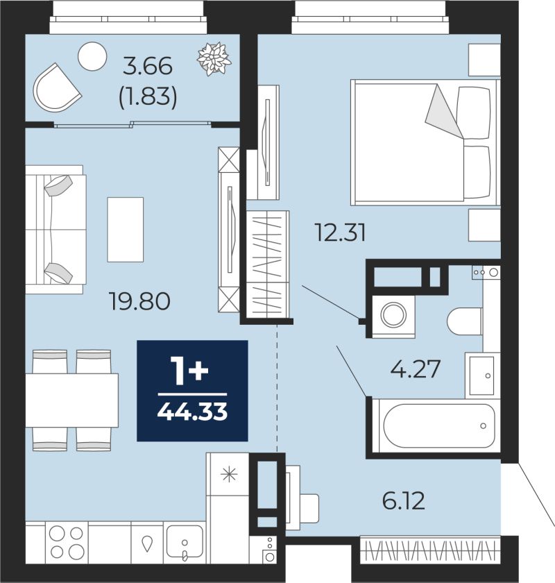 Планировка 1-комн. квартира, 42.5 м² — ЖК «Беринг»