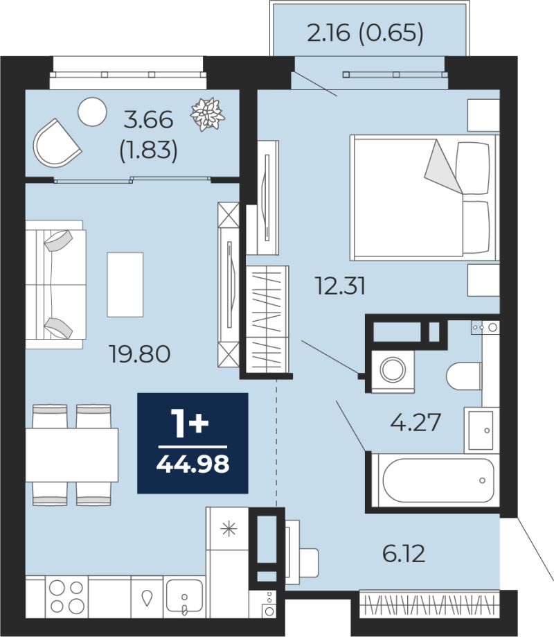 Планировка 1-комн. квартира, 42.5 м² — ЖК «Беринг»