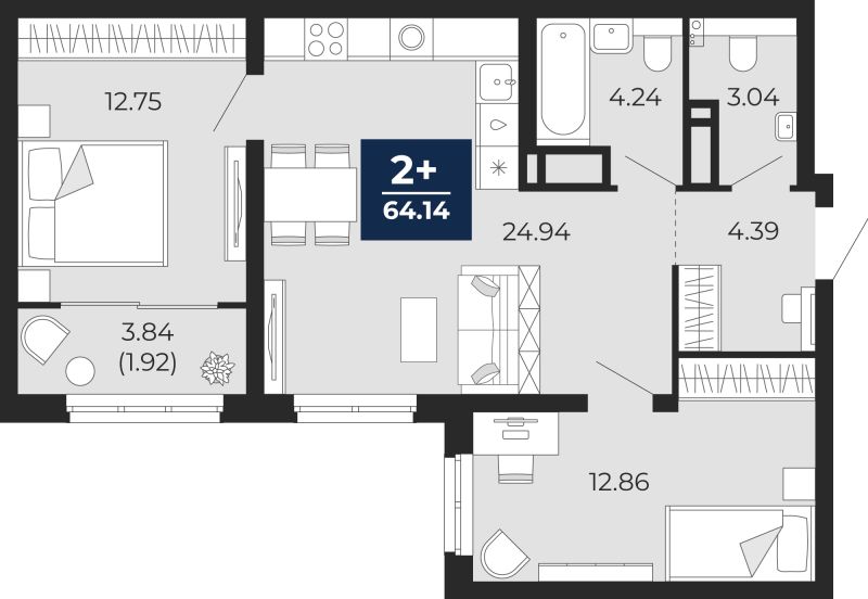 Планировка 2-комн. квартира, 62.2 м² — ЖК «Беринг»