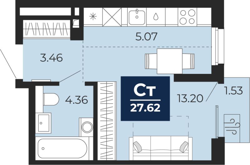 Планировка 1-комн. квартира, 26.6 м² — ЖК «Беринг»