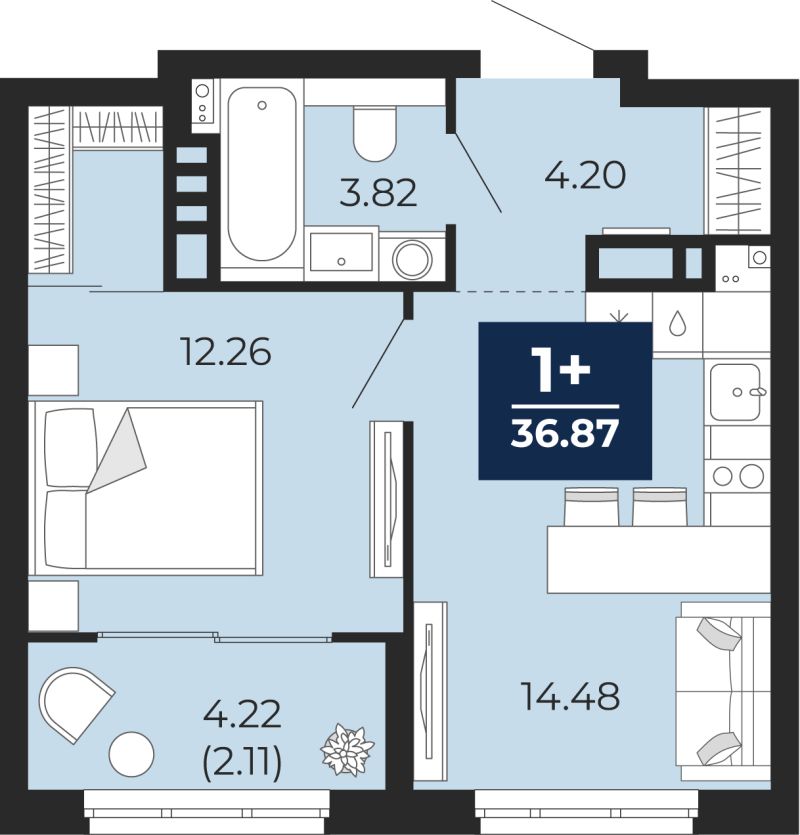 Планировка 1-комн. квартира, 34.8 м² — ЖК «Беринг»