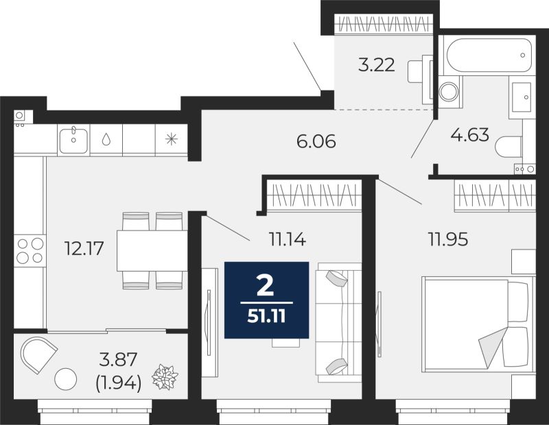 Планировка 2-комн. квартира, 49.2 м² — ЖК «Беринг»