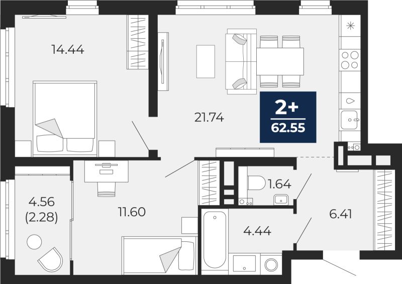 Планировка 2-комн. квартира, 60.3 м² — ЖК «Беринг»
