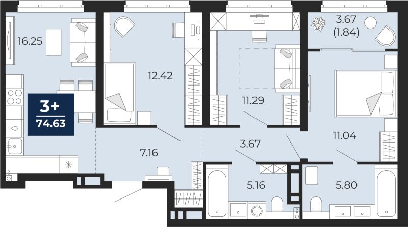 Планировка 3-комн. квартира, 72.8 м² — ЖК «Беринг»