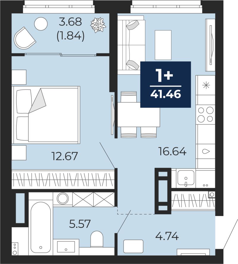Планировка 1-комн. квартира, 39.6 м² — ЖК «Беринг»