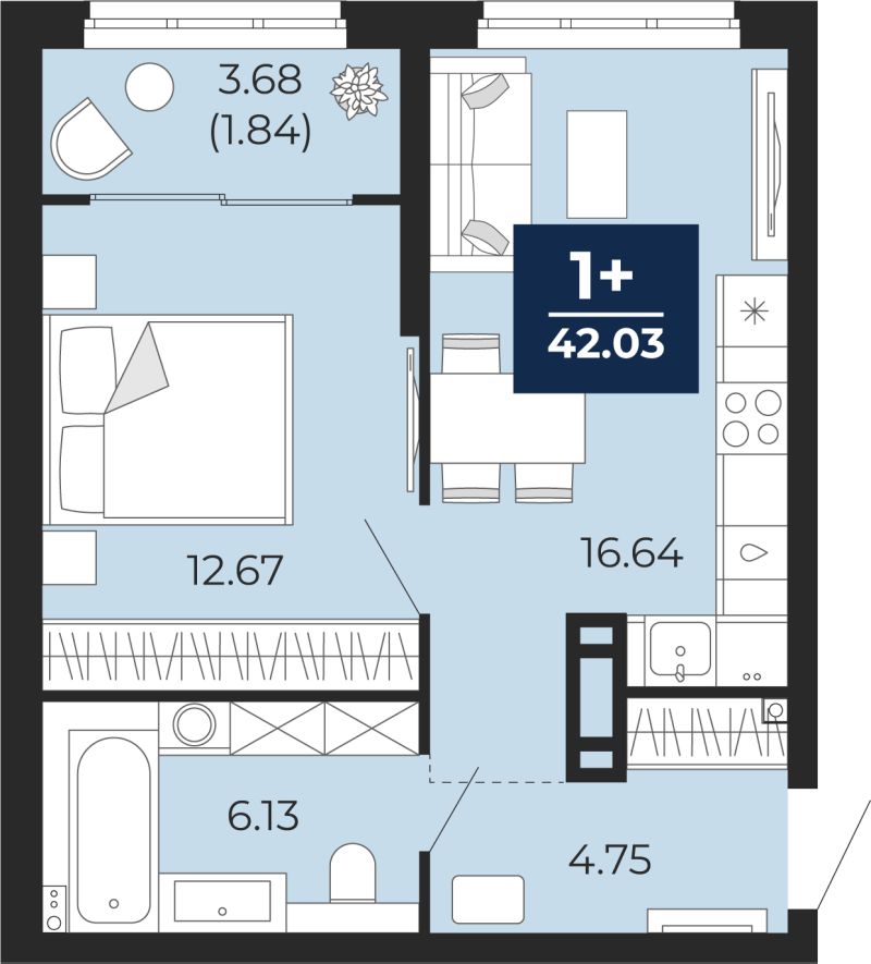 Планировка 1-комн. квартира, 40.2 м² — ЖК «Беринг»