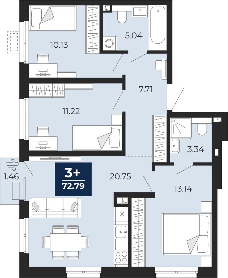 Планировка 3-комн. квартира, 72.8 м² — ЖК «Беринг»