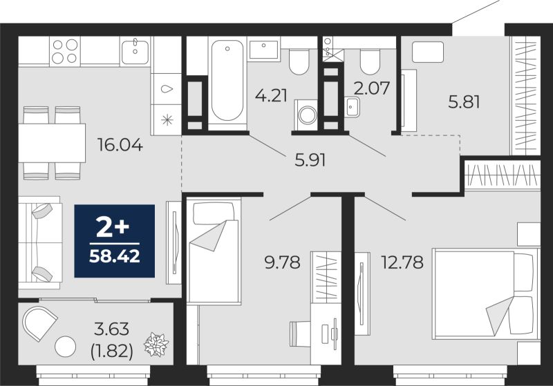 Планировка 2-комн. квартира, 56.6 м² — ЖК «Беринг»