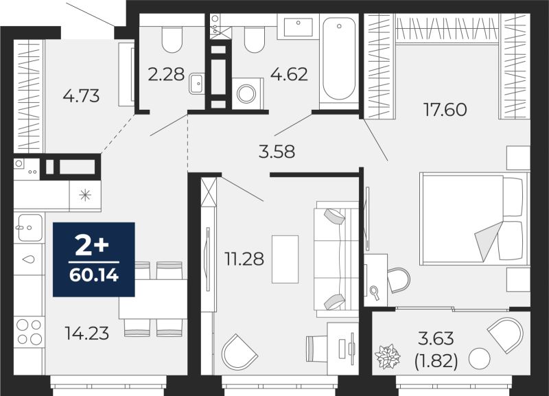 Планировка 2-комн. квартира, 58.3 м² — ЖК «Беринг»