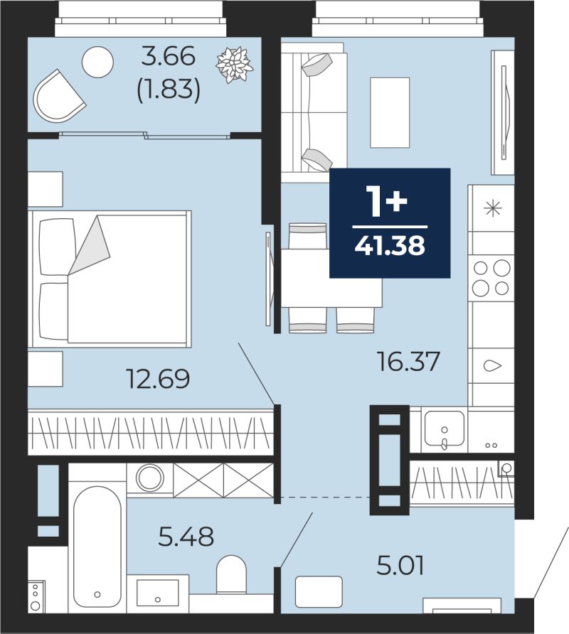 Планировка 1-комн. квартира, 39.5 м² — ЖК «Беринг»