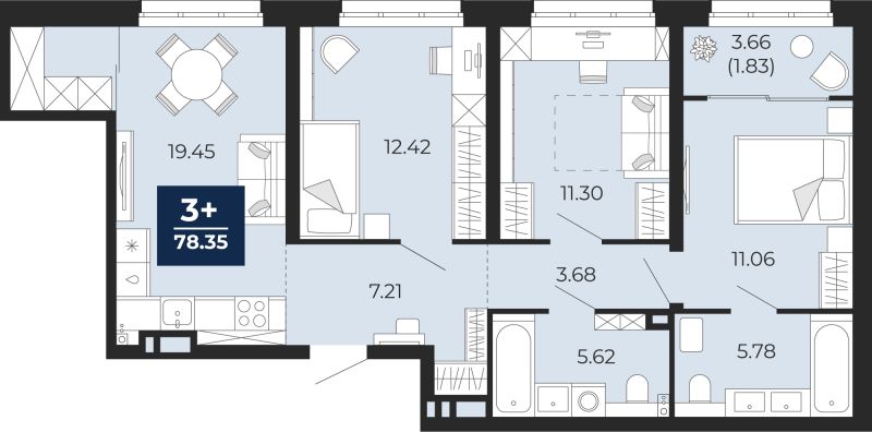 Планировка 3-комн. квартира, 76.5 м² — ЖК «Беринг»