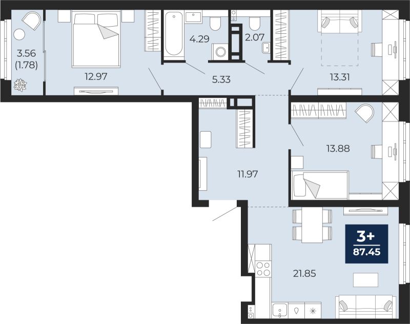 Планировка 3-комн. квартира, 85.7 м² — ЖК «Беринг»