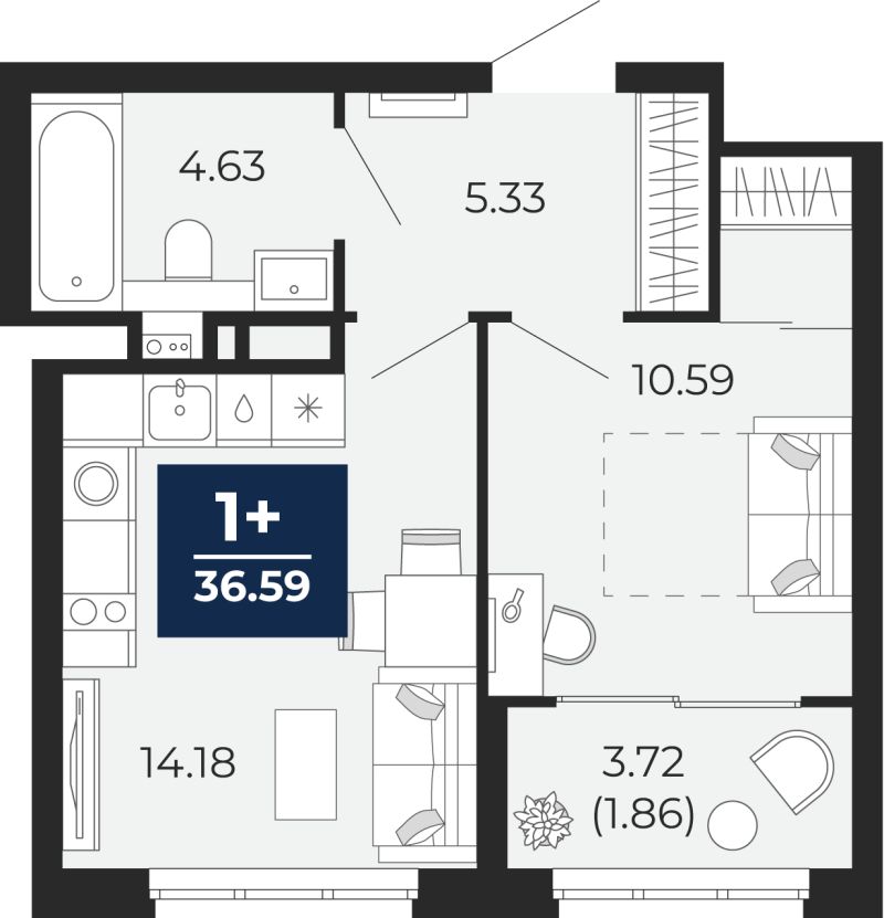 Планировка 1-комн. квартира, 34.7 м² — ЖК «Беринг»