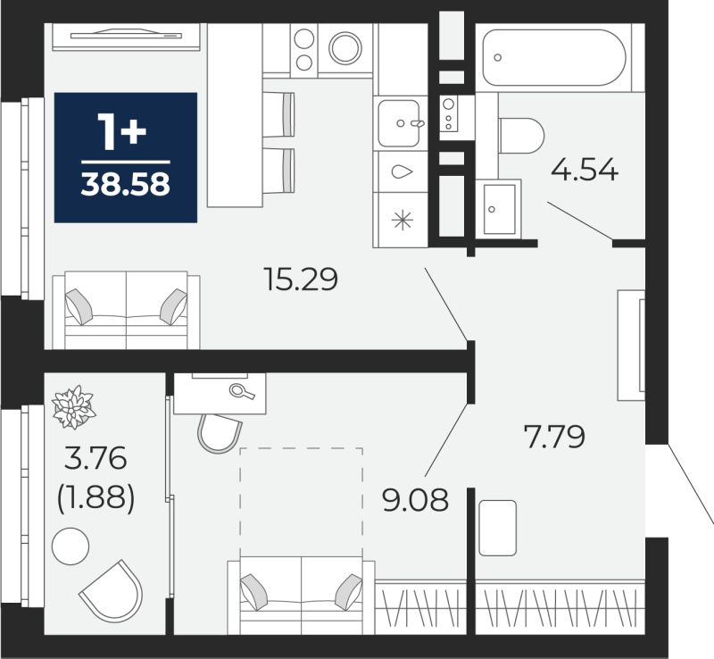 Планировка 1-комн. квартира, 36.7 м² — ЖК «Беринг»