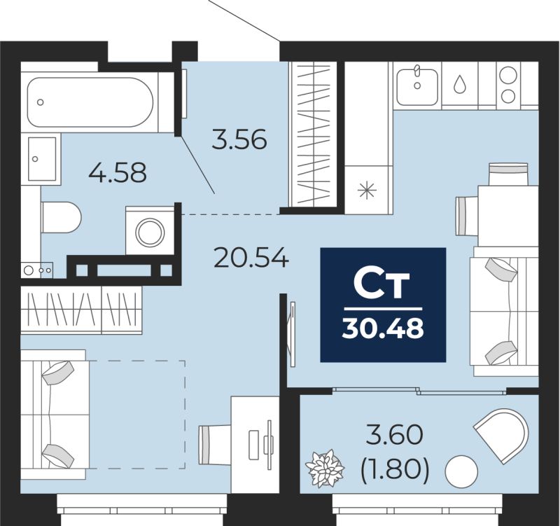 Планировка 1-комн. квартира, 28.7 м² — ЖК «Беринг»
