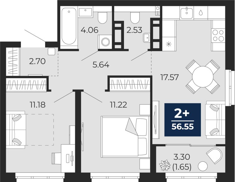 Планировка 2-комн. квартира, 54.9 м² — ЖК «Беринг»