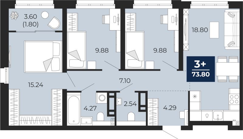 Планировка 3-комн. квартира, 72 м² — ЖК «Беринг»