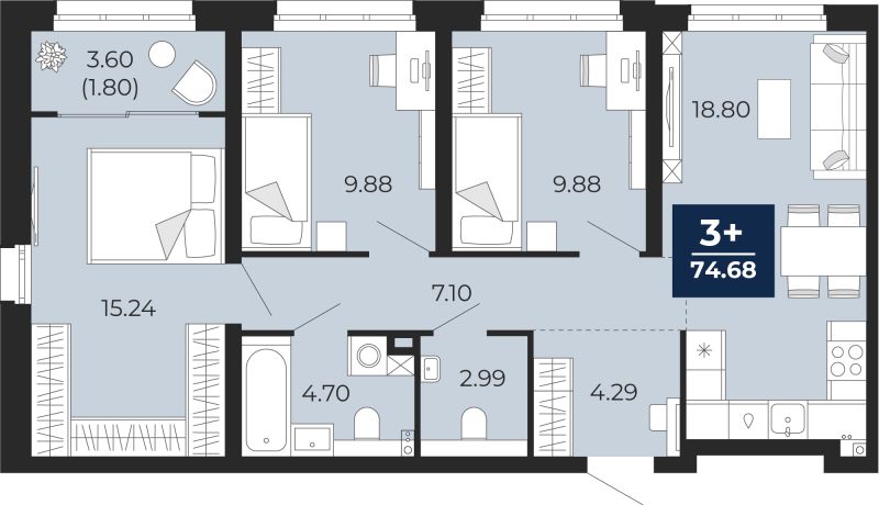 Планировка 3-комн. квартира, 72.9 м² — ЖК «Беринг»