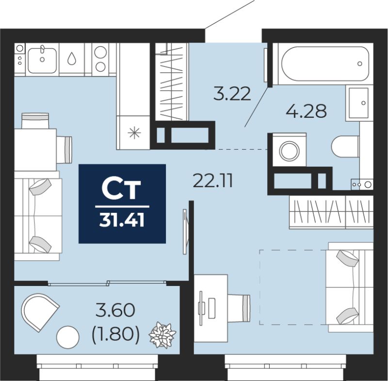 Планировка 1-комн. квартира, 29.6 м² — ЖК «Беринг»