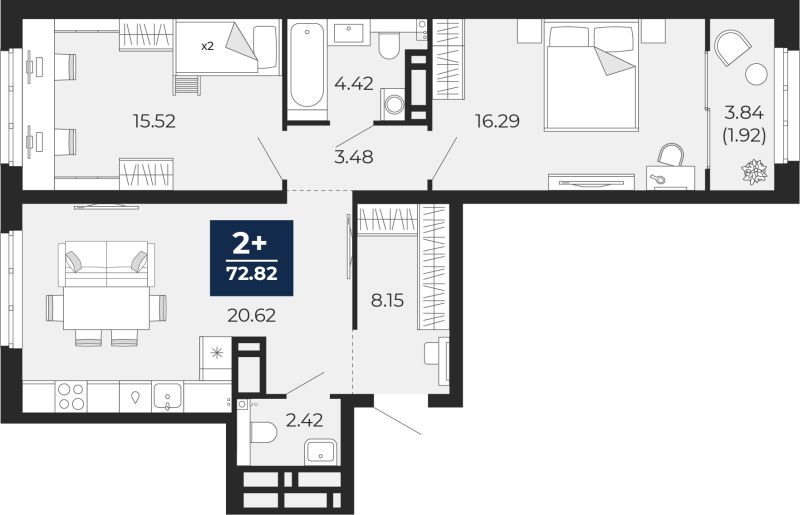 Планировка 2-комн. квартира, 70.9 м² — ЖК «Беринг»