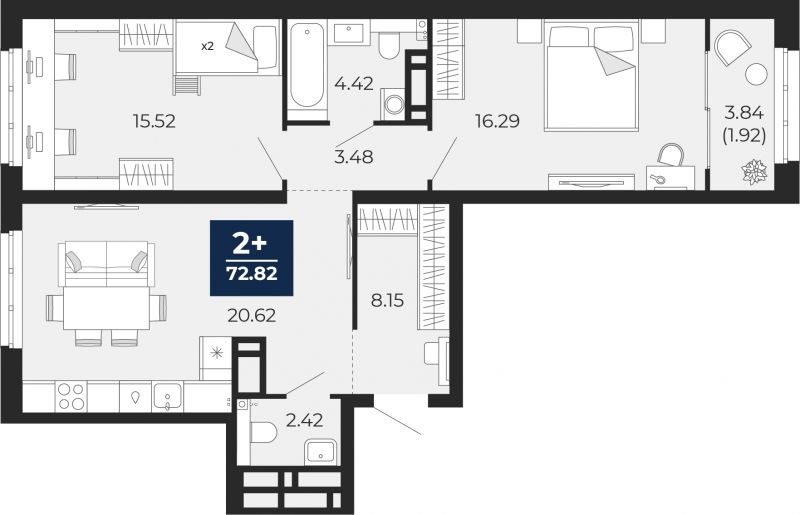Планировка 2-комн. квартира, 70.9 м² — ЖК «Беринг»