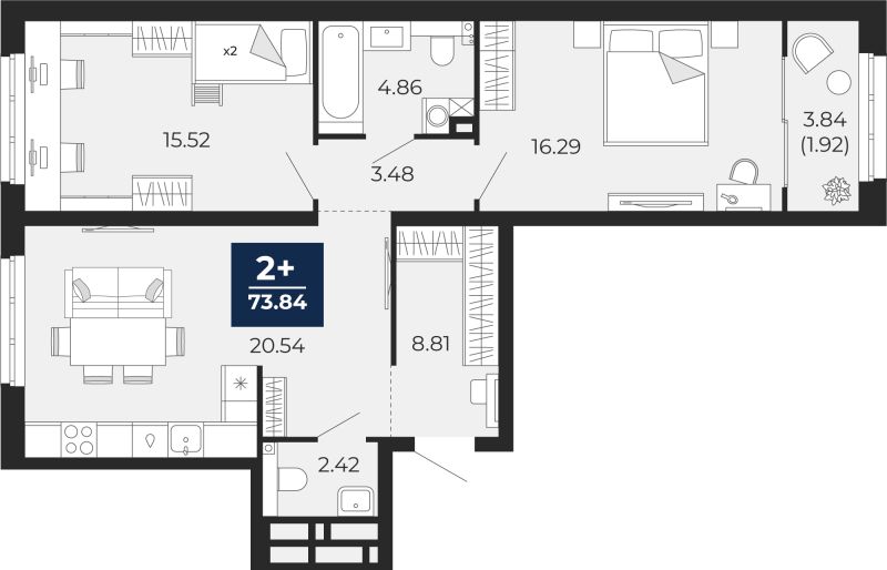Планировка 2-комн. квартира, 71.9 м² — ЖК «Беринг»