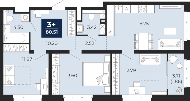 Планировка 3-комн. квартира, 78.7 м² — ЖК «Беринг»