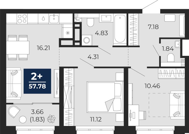 Планировка 2-комн. квартира, 56 м² — ЖК «Беринг»