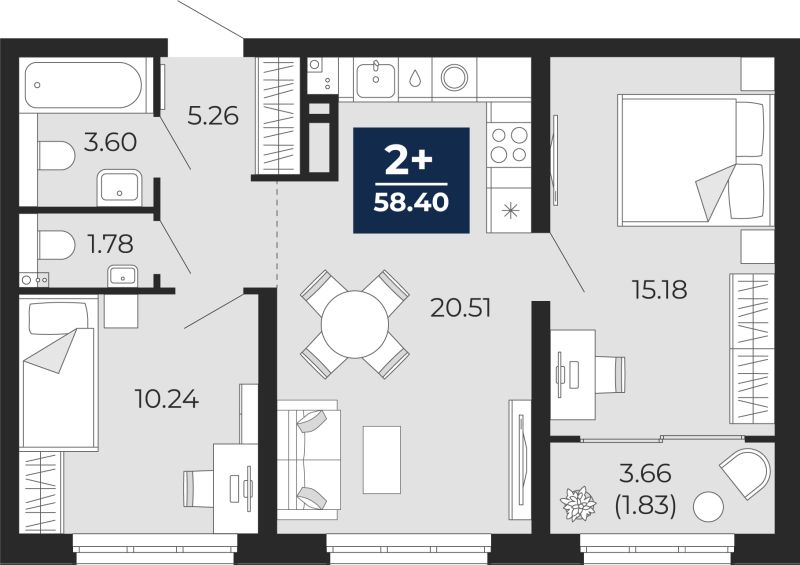 Планировка 2-комн. квартира, 56.6 м² — ЖК «Беринг»