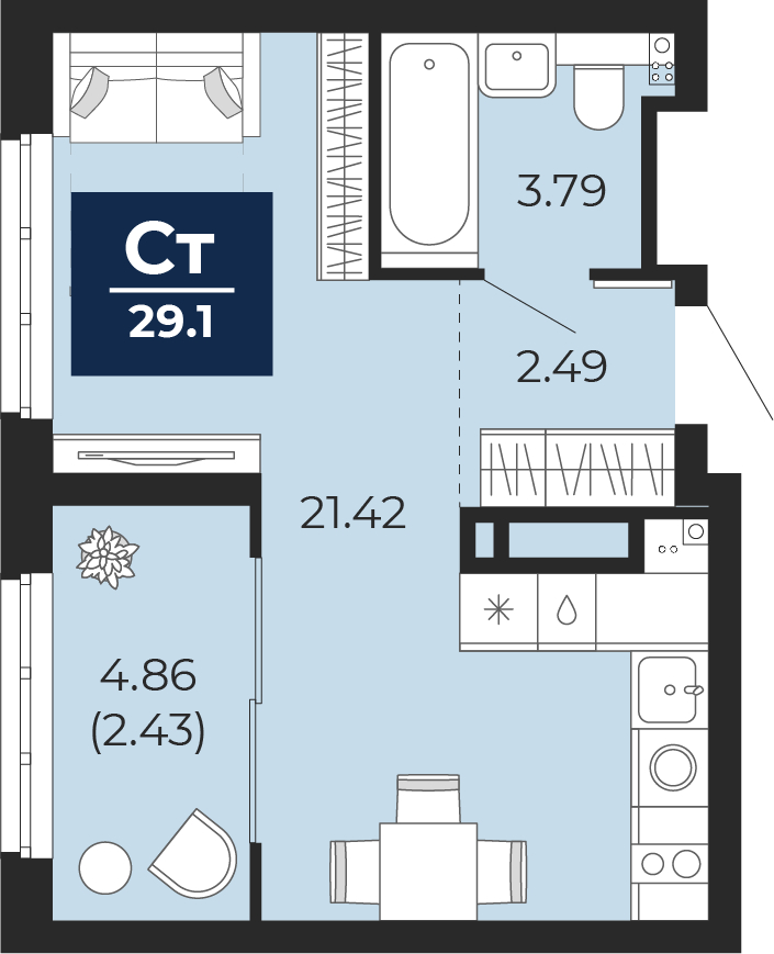 Планировка 1-комн. квартира, 26.7 м² — ЖК «Беринг»