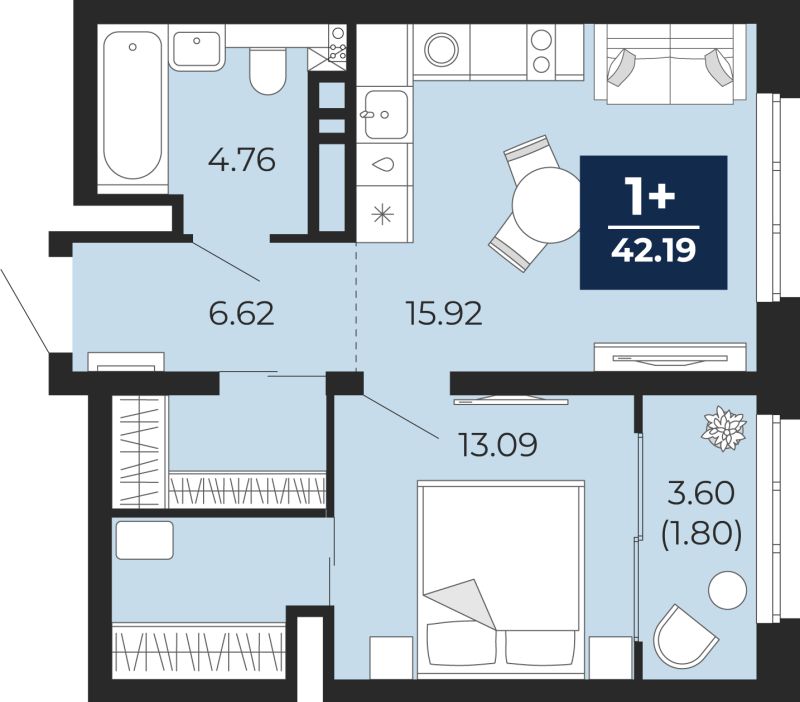 Планировка 1-комн. квартира, 40.4 м² — ЖК «Беринг»