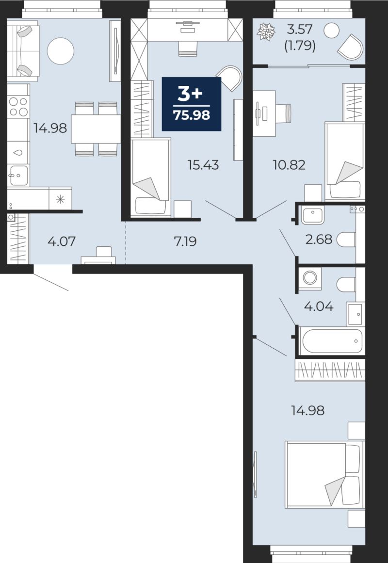 Планировка 3-комн. квартира, 74.2 м² — ЖК «Беринг»