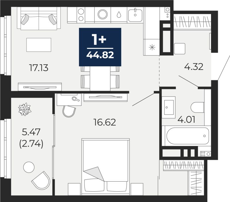 Планировка 1-комн. квартира, 42.1 м² — ЖК «Беринг»