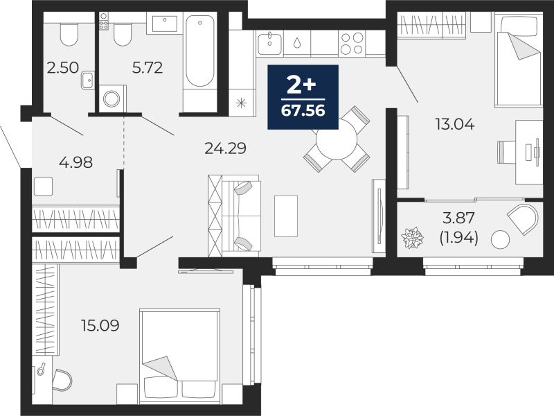 Планировка 2-комн. квартира, 65.6 м² — ЖК «Беринг»