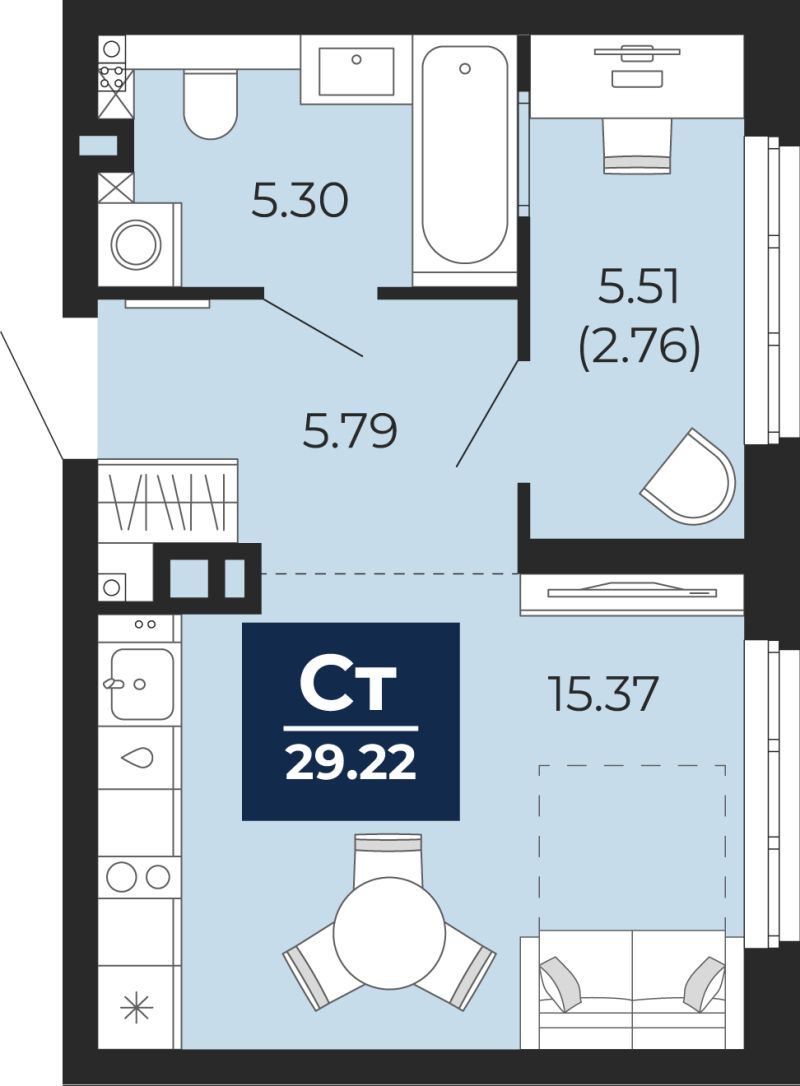 Планировка 1-комн. квартира, 26.5 м² — ЖК «Беринг»