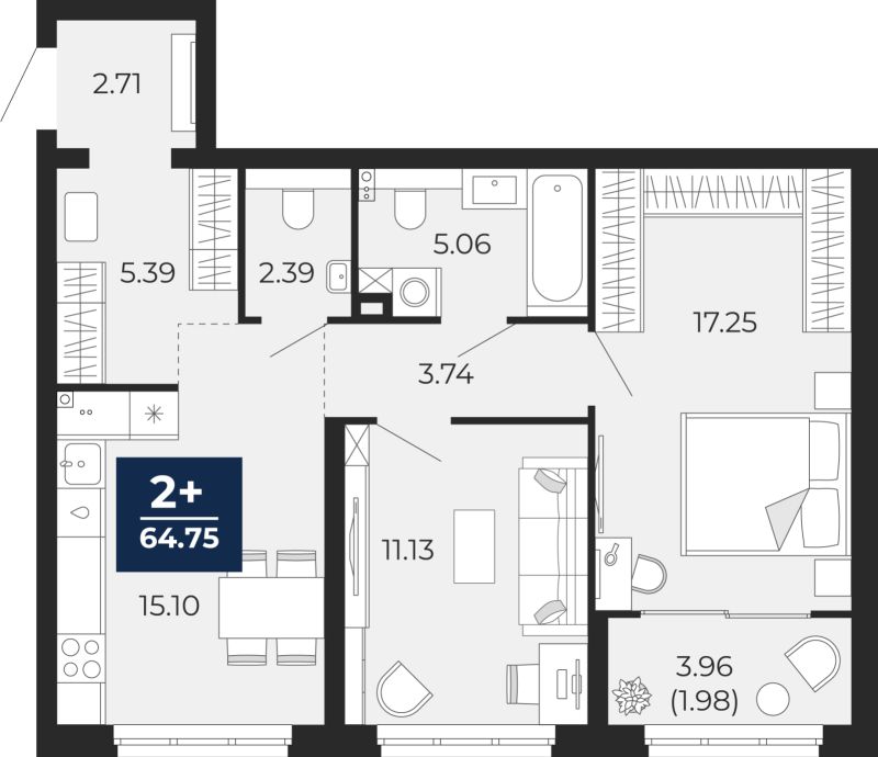 Планировка 2-комн. квартира, 62.8 м² — ЖК «Беринг»