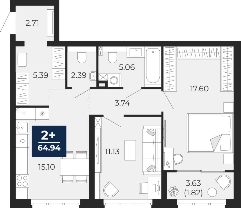Планировка 2-комн. квартира, 63.1 м² — ЖК «Беринг»