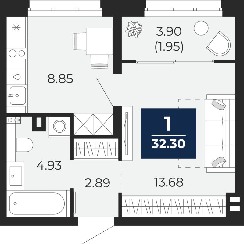 Планировка 1-комн. квартира, 30.4 м² — ЖК «Беринг»