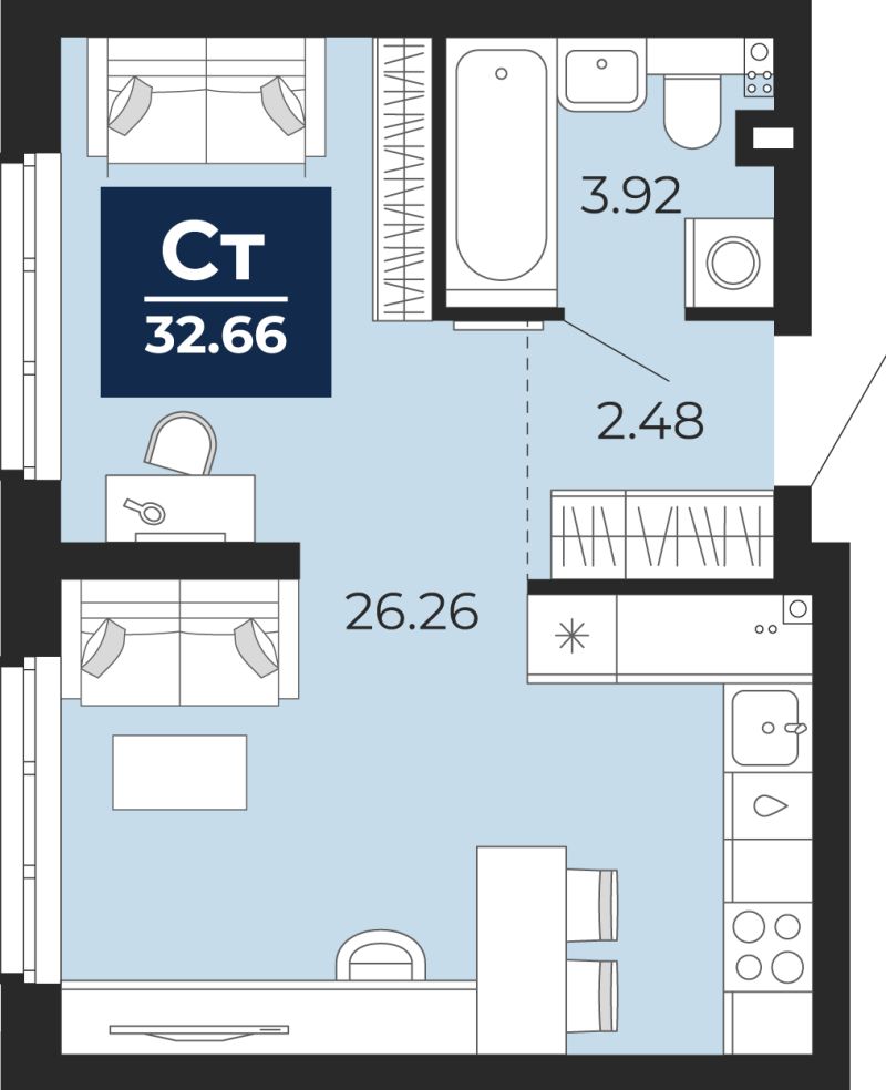 Планировка 1-комн. квартира, 32.7 м² — ЖК «Беринг»